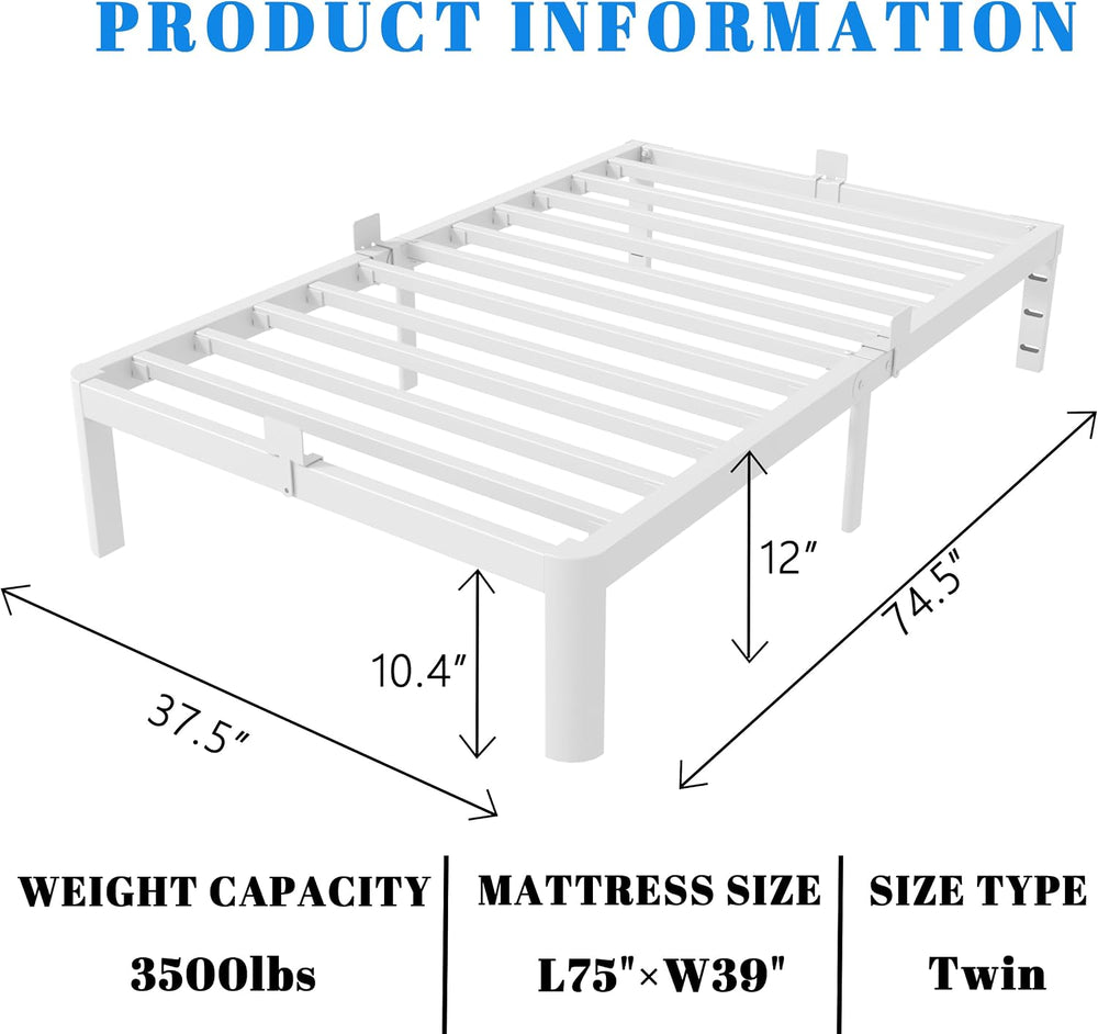 12 Inch Twin Bed Frame with Metal Gasket, White Single Bed Base