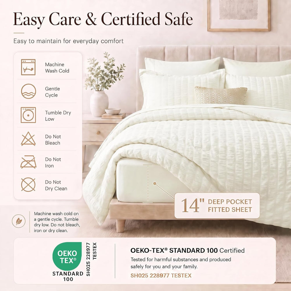 CozyLux Queen Comforter Set, 7 Pieces Ivory Seersucker Bed in a Bag