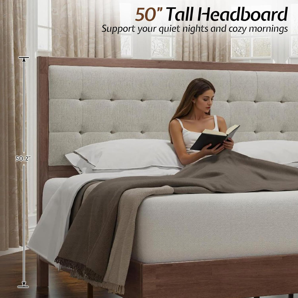 Jocisland Solid Wood King Bed Frame, 50" Tall Upholstered Headboard,Walnut