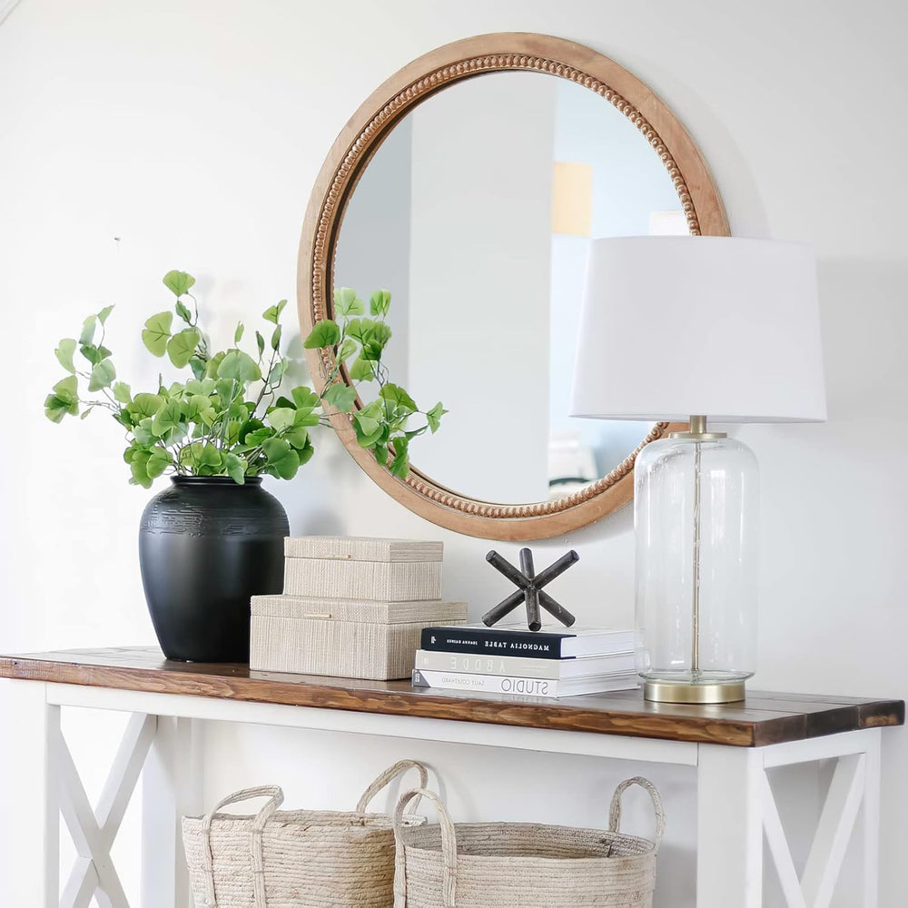 Round Wood Mirror,18" Circle Farmhouse Vanity Boho Bathroom Wall Mirrors