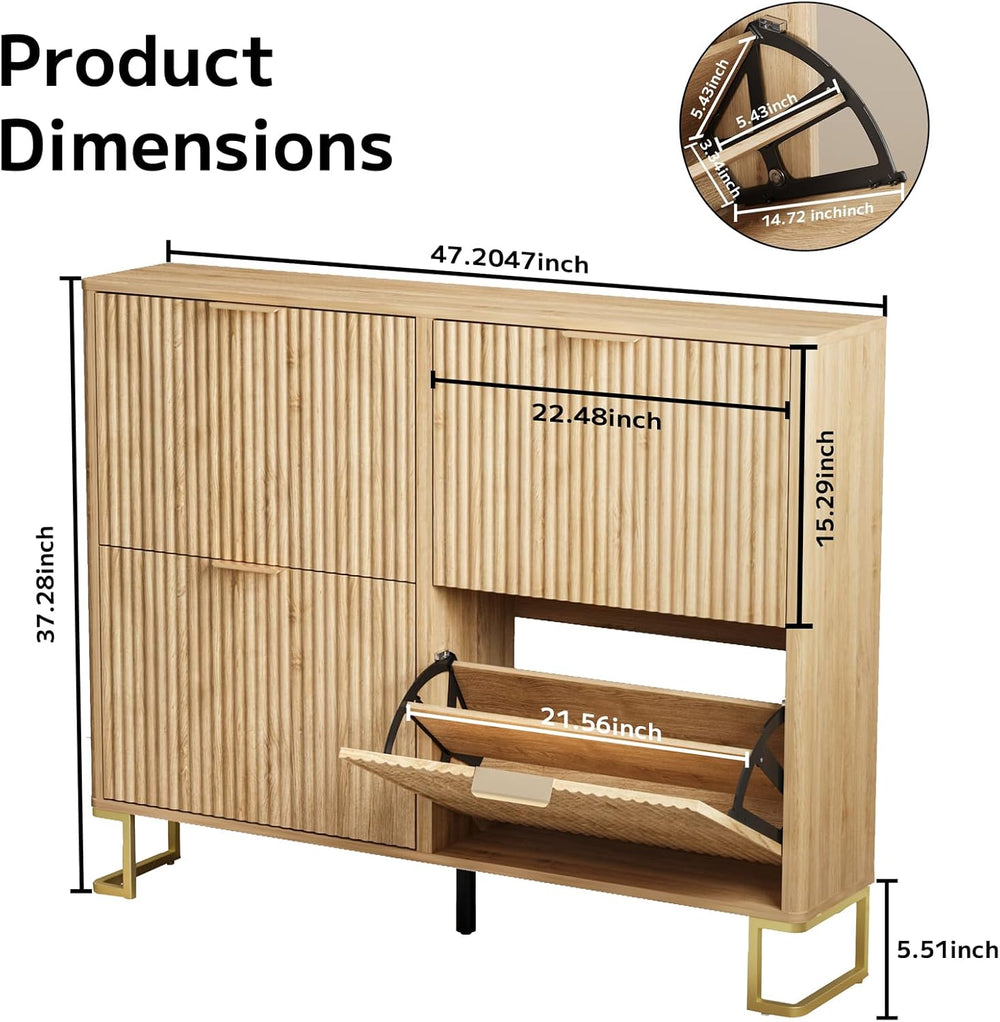 Fluted Shoe Cabinet Storage with 4 Flip Drawers, Adjustable 2-Tier Shelf
