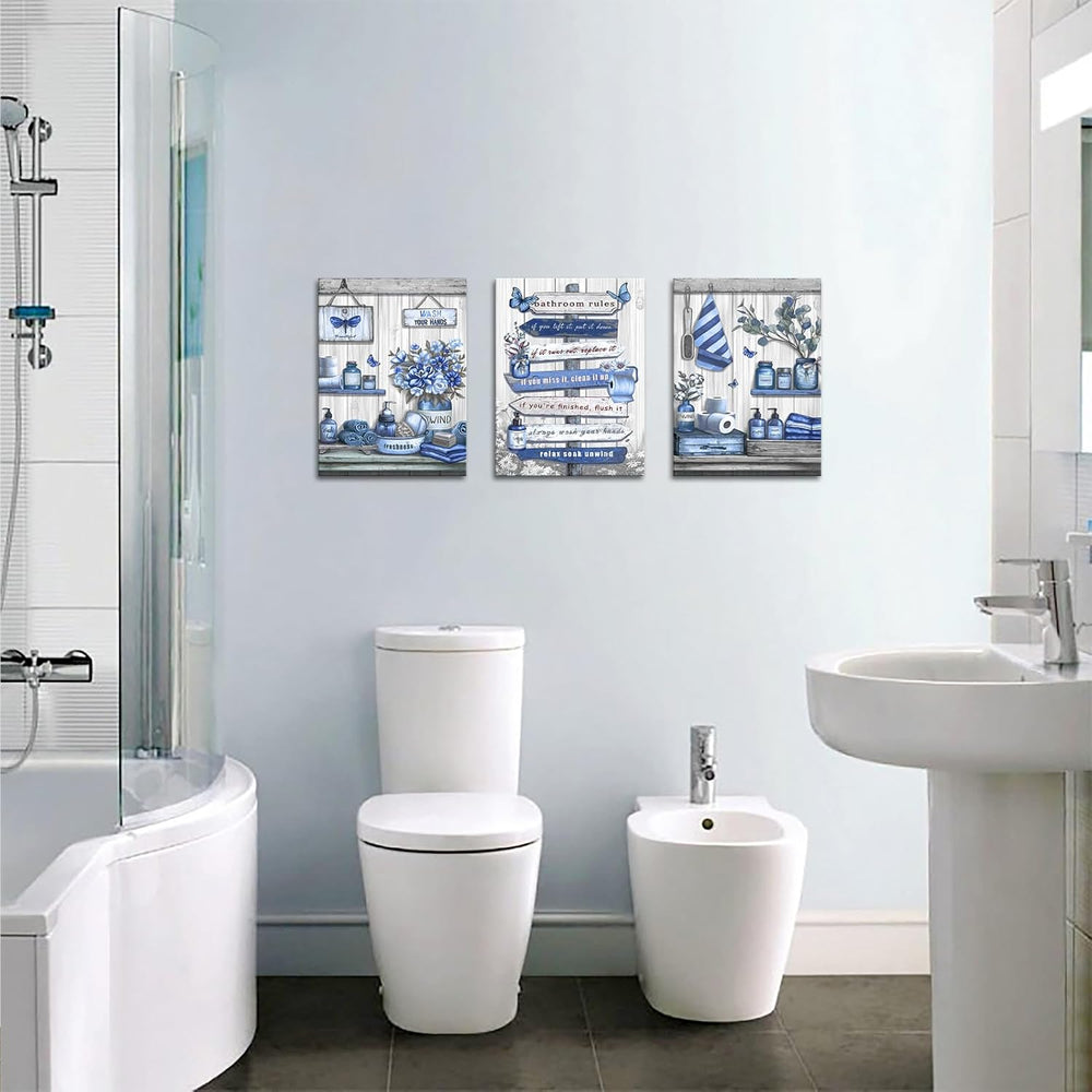 OuElegent Bathroom Wall Art Farmhouse Canvas Navy Blue 12''x16'
