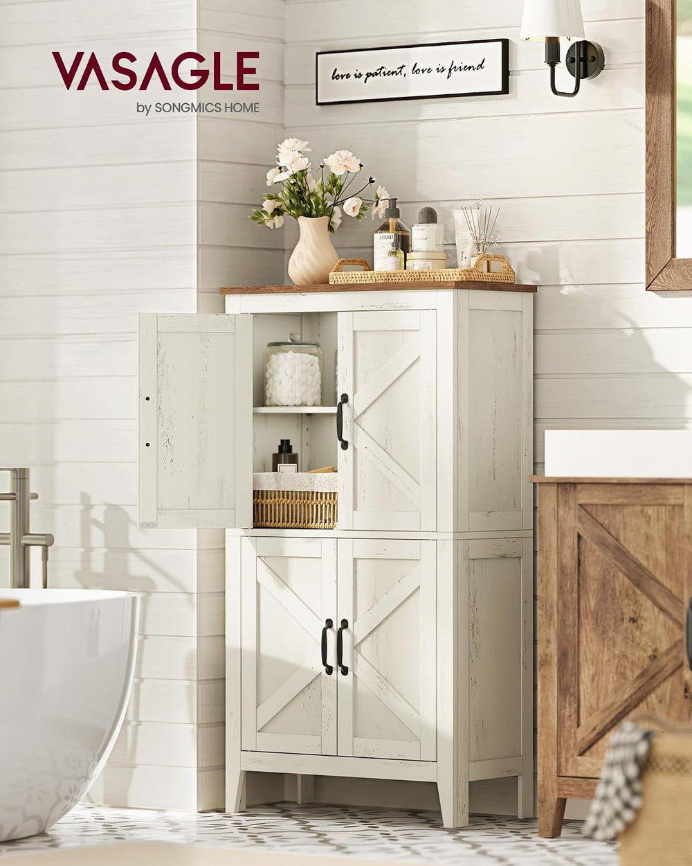 VASAGLE Farmhouse Storage Cabinet with 4 Barn Doors, Adjustable Shelves