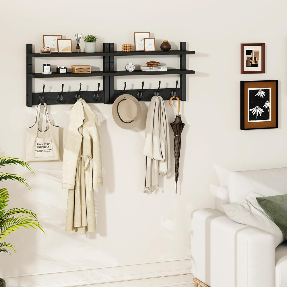 YMYNY Double Shelf Coat Rack Wall Mount with 8 Hooks, Black HWS009B-2