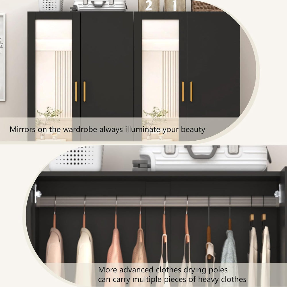 jiteentarou 2 Door Wardrobe Closet with Mirrors and LED Lights, Small Bedroom...