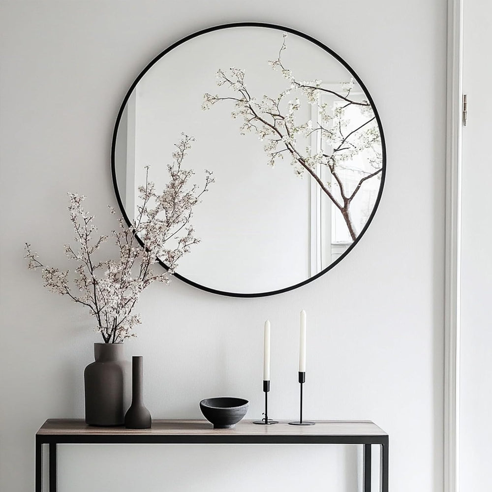 Oruii Round Mirror, 26 inch Black Circle Mirror, Matte Black Metal Frame