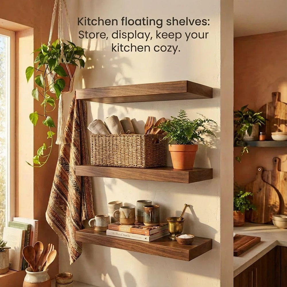 SAUMONIERES Floating Shelves Wall Shelf Solid Wood for Bathroom Bedroom Kitch...