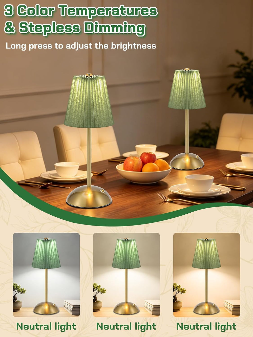 2 Pack Cordless Table Lamp, LED Desk Lamps Rechargeable Touch Light(Green)