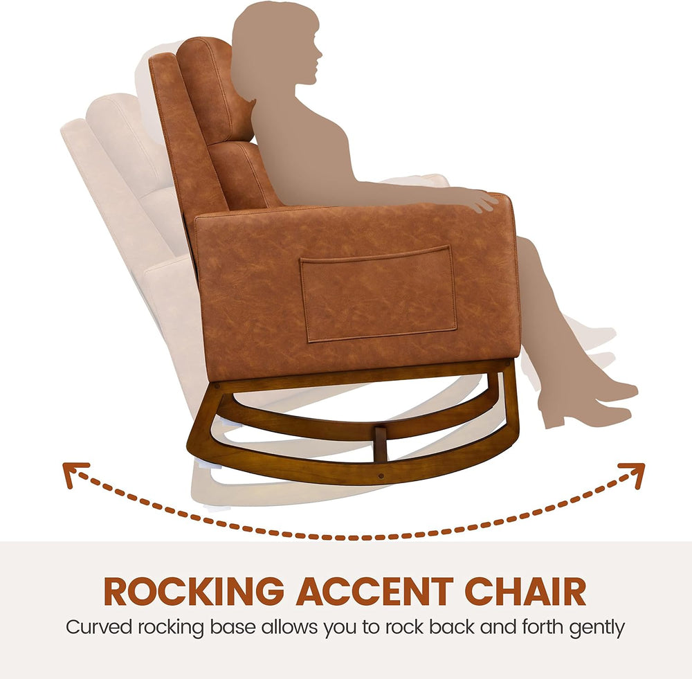 Yaheetech 28in Wide Padded High Back Glider Rocking Chair, Brown Leather