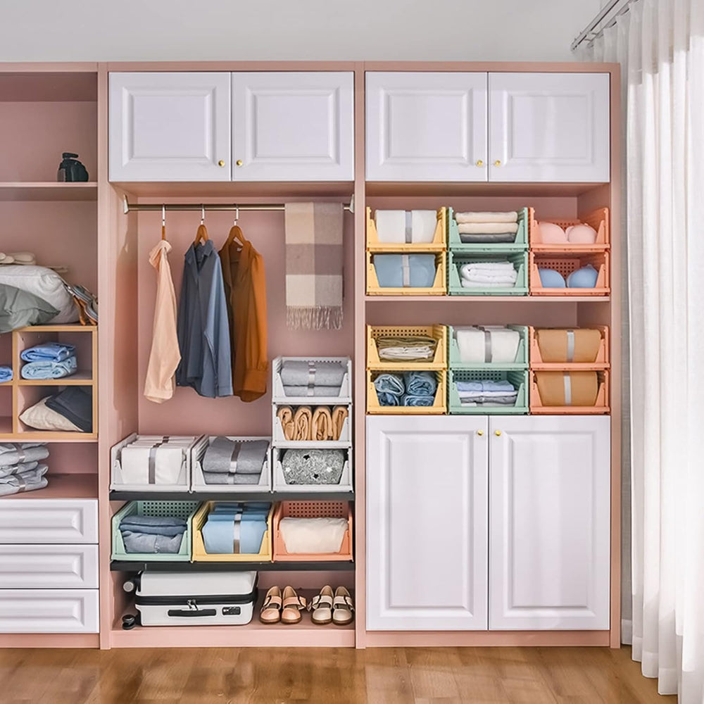 4 Pack Folding Closet Organizers Storage Box, Stackable Storage Bins, Plastic...