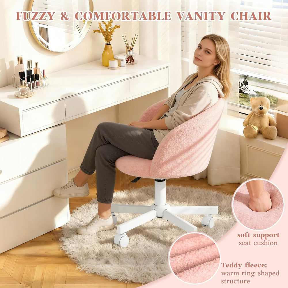 WAYTRIM Pink Vanity Chair with Wheels - Swivel Makeup Chair Small Computer Ch...