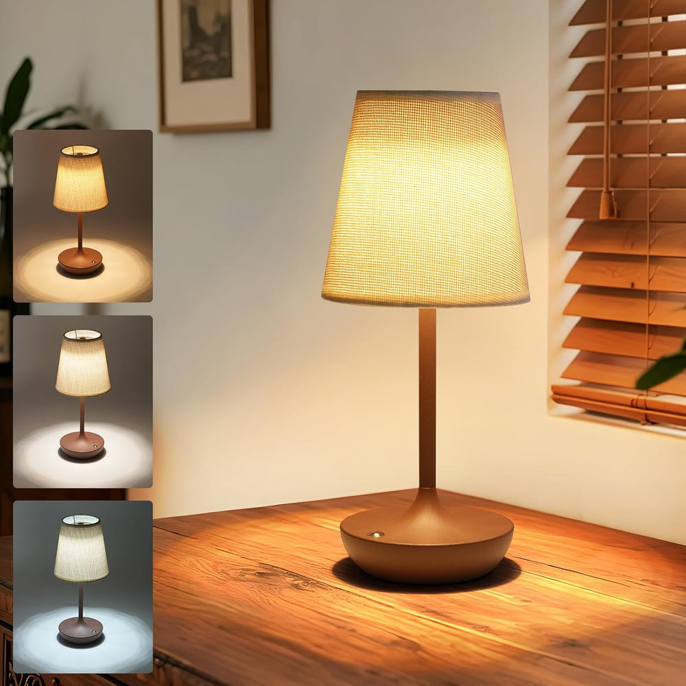 Cordless Table Lamp Rechargeable, Fabric Shade Bedside Lamp