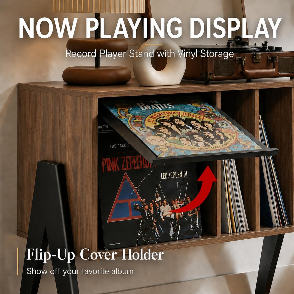 Record Player Stand with Vinyl Storage Cabinet, 32'' Mid Century Mode...