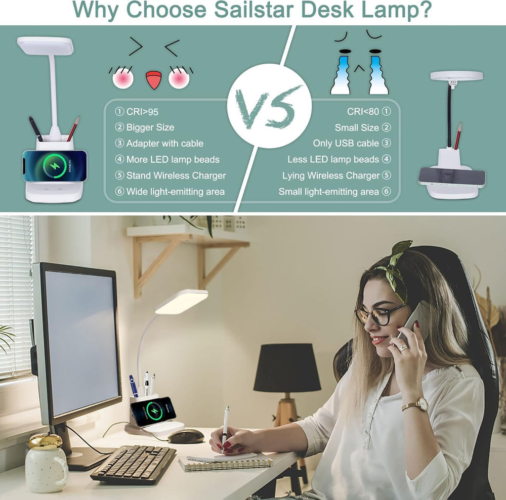LED Desk Lamp with 10W Wireless Charging & Pen Holder, Snow White