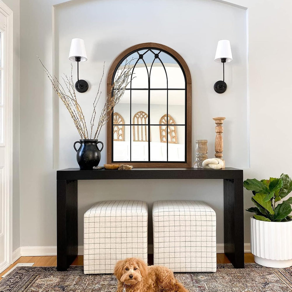 blue page Arched Window Pane Mirror 36x24 Inch Wood Frame, Window Brown