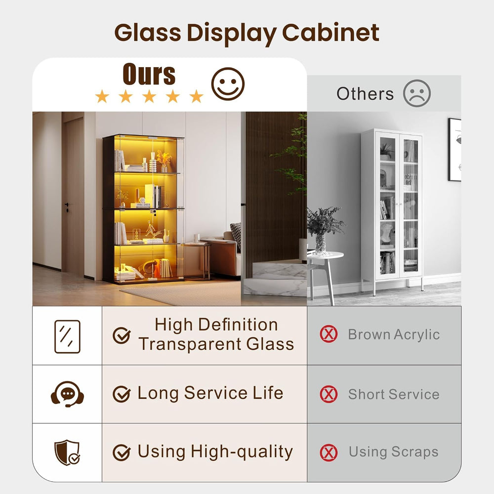 Glass Display Cabinet with 3 Color Lights for Collectibles, Black