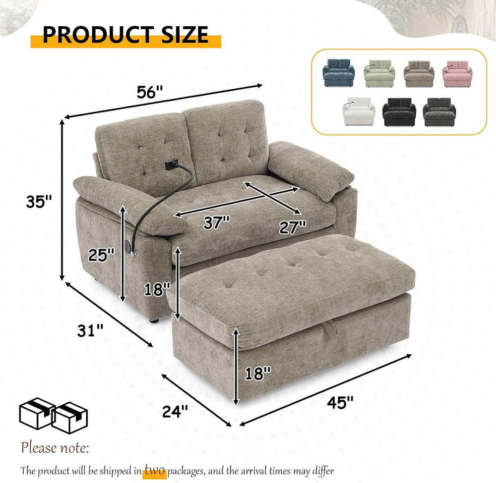 56” Chaise Lounge Chair with Ottoman, Oversized Loveseat Reading Accent Comfy...