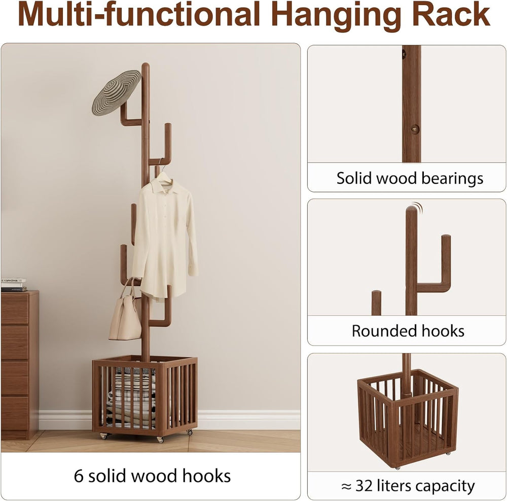 Solid Wood Cactus Coat Rack with 6 Hooks and Storage Basket, Walnut
