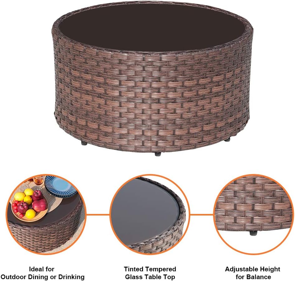 SUNSITT 28" Round Wicker Outdoor Coffee Table with Tempered Glass Top Brown