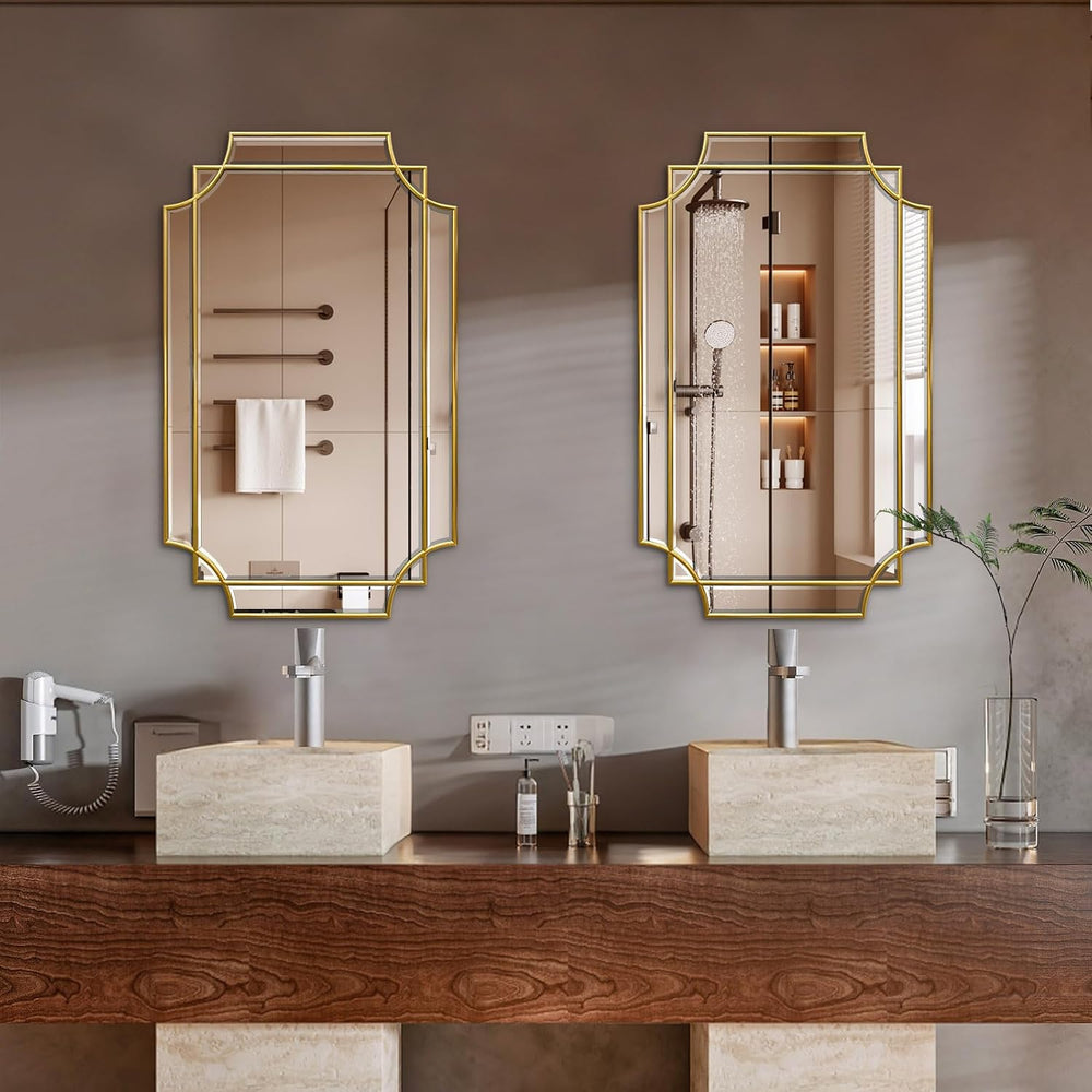 HQiJun 30x20 Inch Gold Bathroom Mirror, Wooden Frame with Scalloped Polished ...