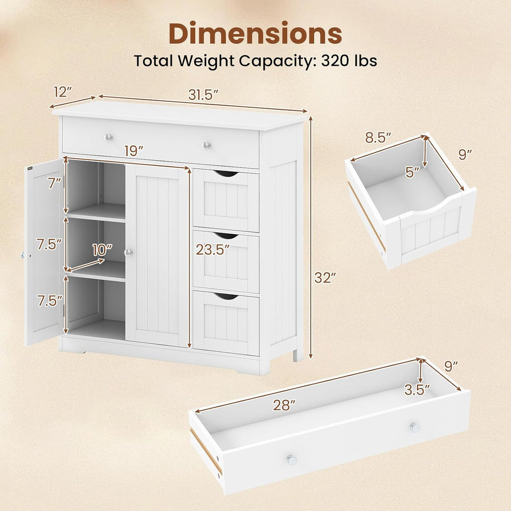 Tangkula Bathroom Floor Cabinet, 4 Drawers, 2 Doors Cabinet (Off White)