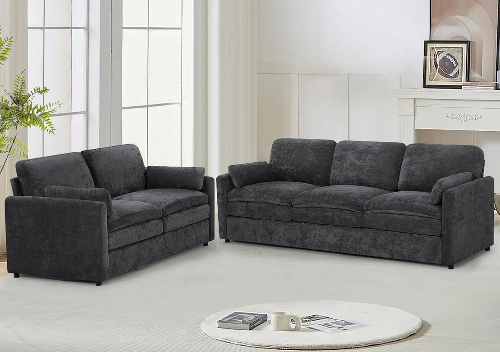 Comfy Chenille Sofa Set with Well-Filled Pillows, Dark Grey