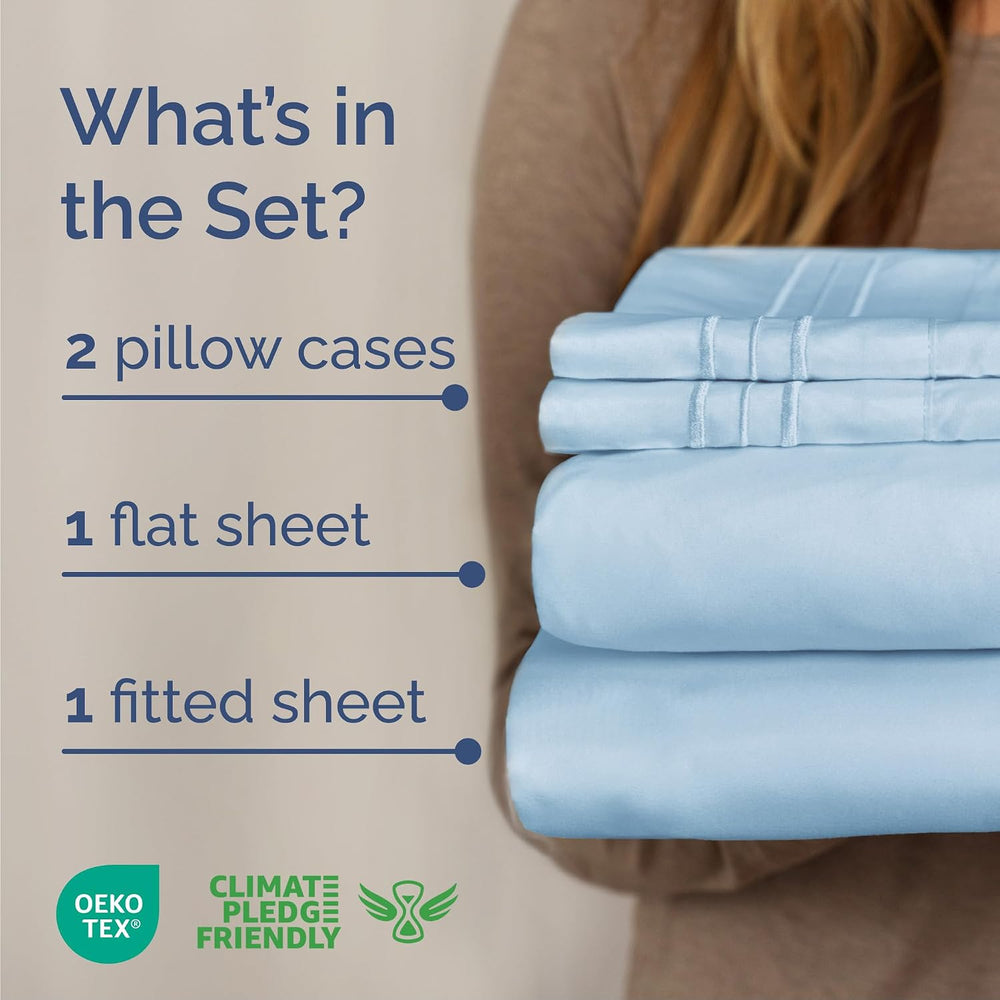 Queen Size 4 Piece Sheet Set - Breathable & Cooling Sheets - Light Blue