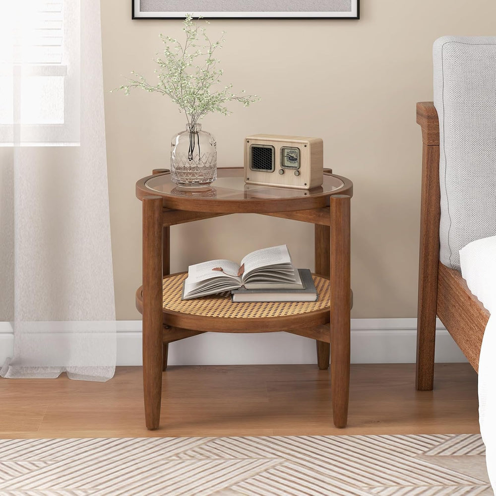GIANTEX Rattan Round End Table Set of 2, Walnut Boho Nightstand with Tempered...