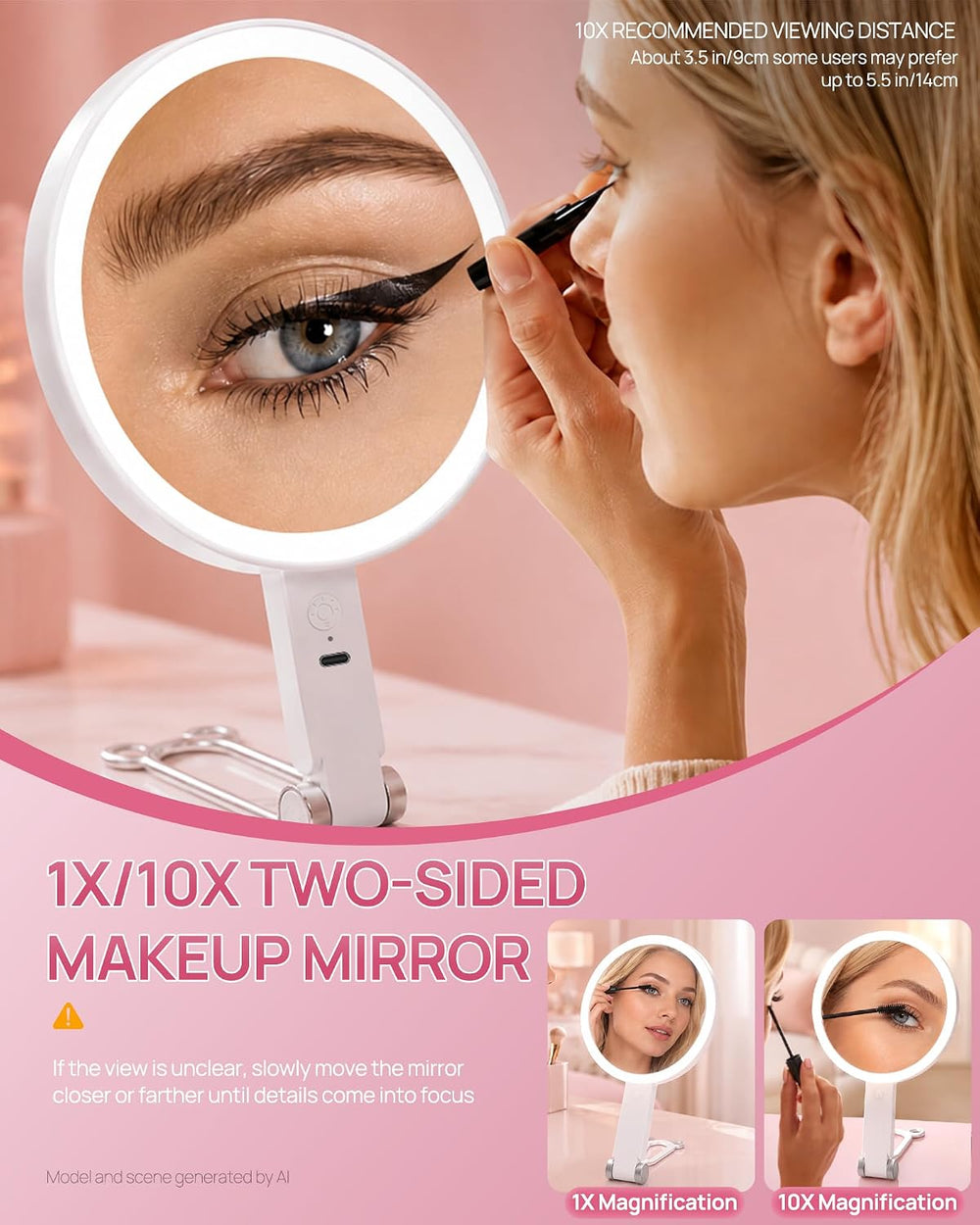 Buqikma Travel Lighted Makeup Mirror 1X/10X Magnifying Mirror with Lights