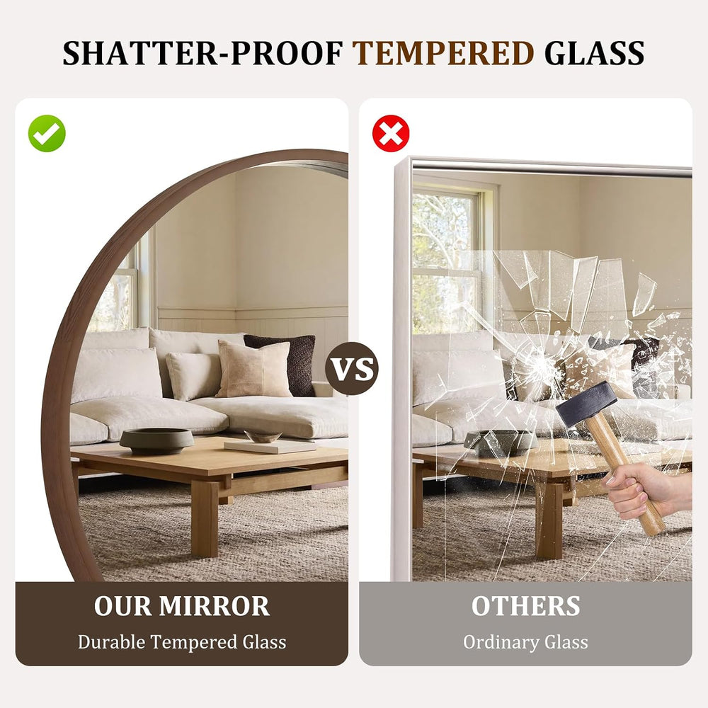 WallBeyond 36 Inch Round Wood Mirror, Large Circle Wooden Frame Wall Mirror f...