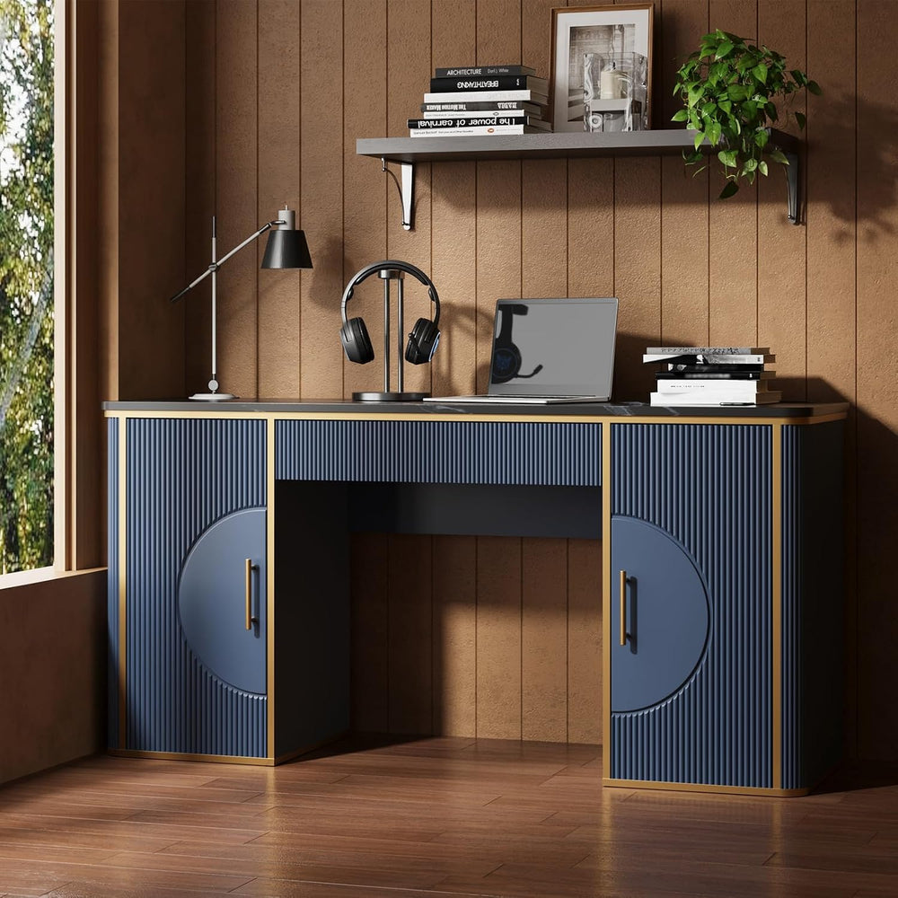 60" Fluted Computer Desk, Wooden Long Home Office Writing Desk with Draw...