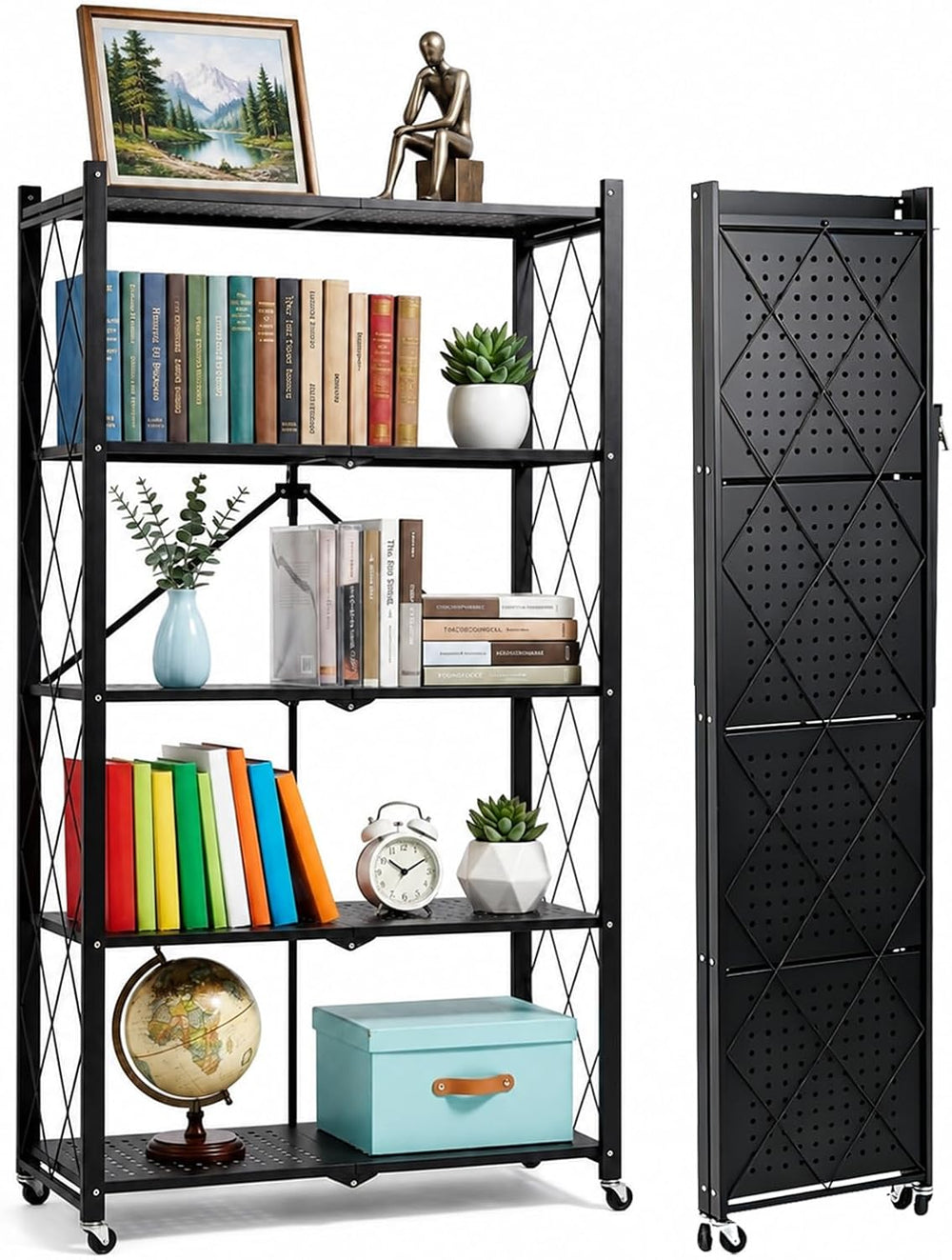 COKIHOM 5 Tier Foldable Storage Shelf with Wheels, Heavy Duty Metal Rolling S...