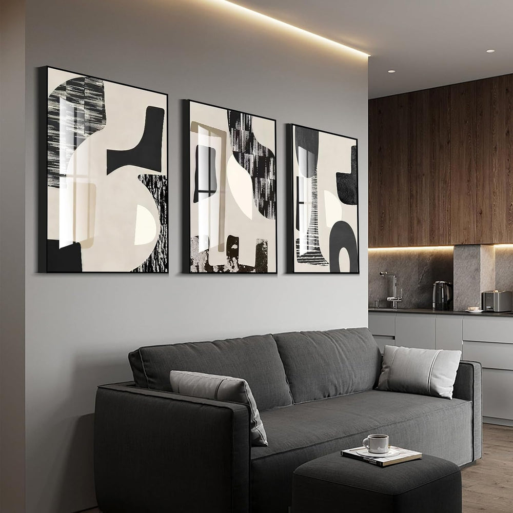 QKF 3Pcs Black White Abstract Crystal Geometric Framed Canvas Wall Art Set