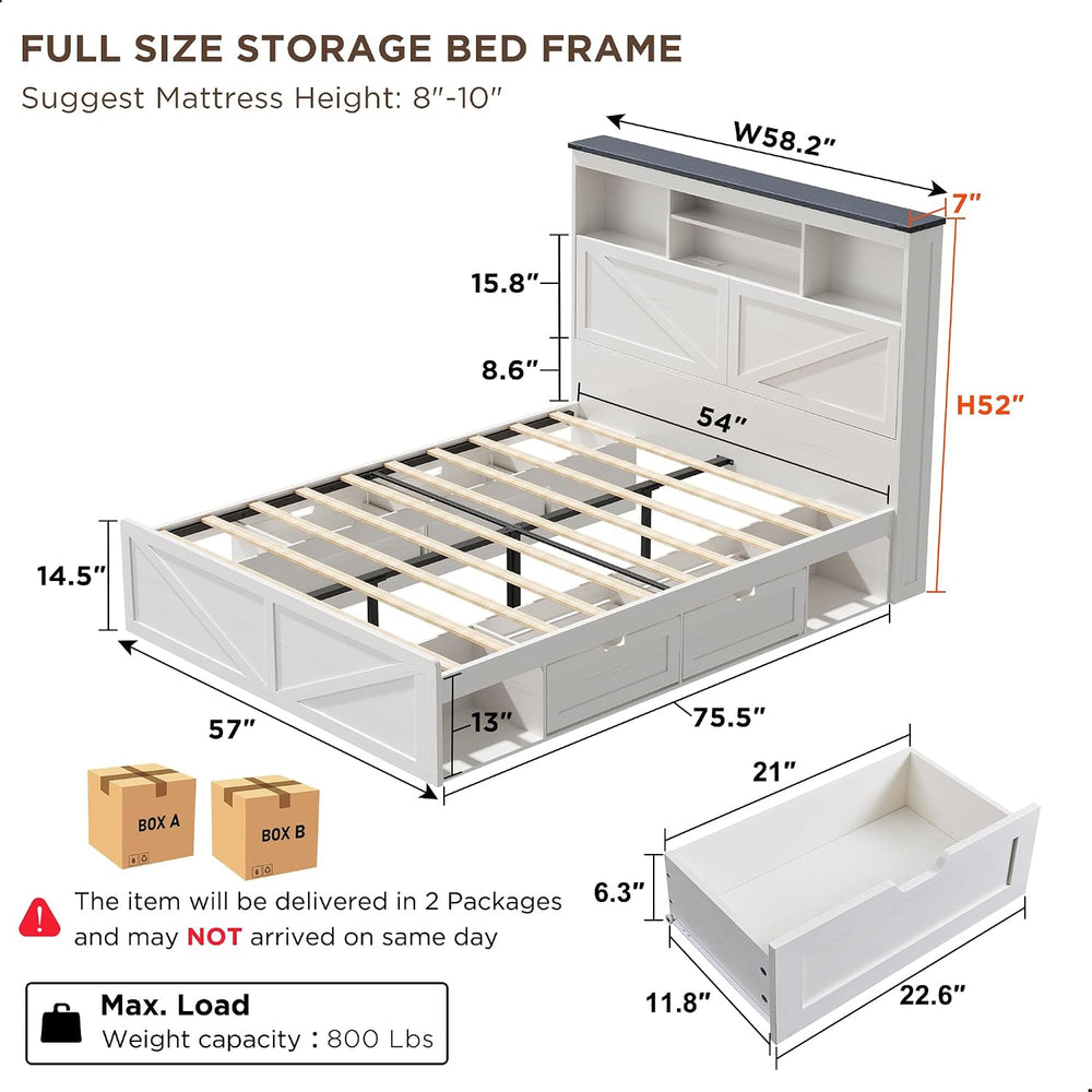 ACCOHOHO Farmhouse Full Size Bed Frame with 52" Tall Storage Headboard a...