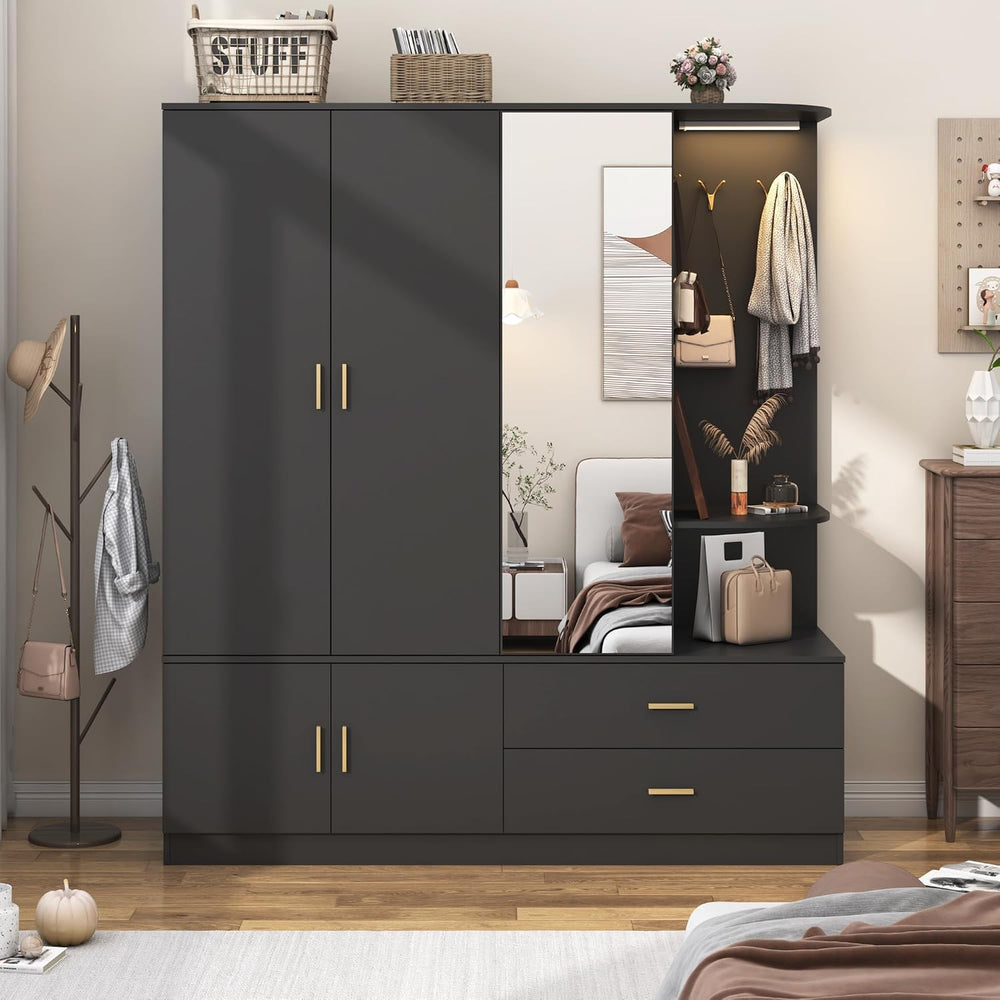 XVD Armoire Wardrobe Closet with Mirror & Sensor Light, Bedroom Armoire w...