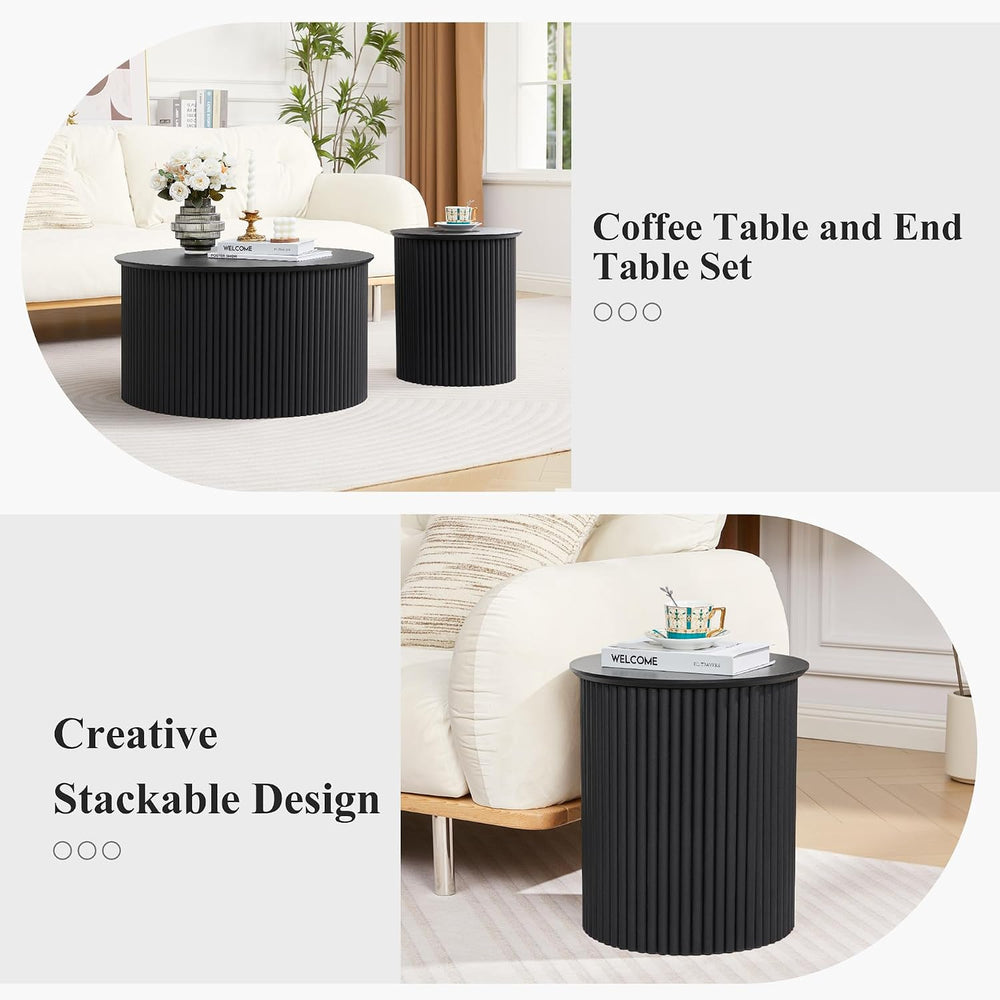 Fluted Round Nesting Coffee Table Set of 2 Circle Center Table Living Room