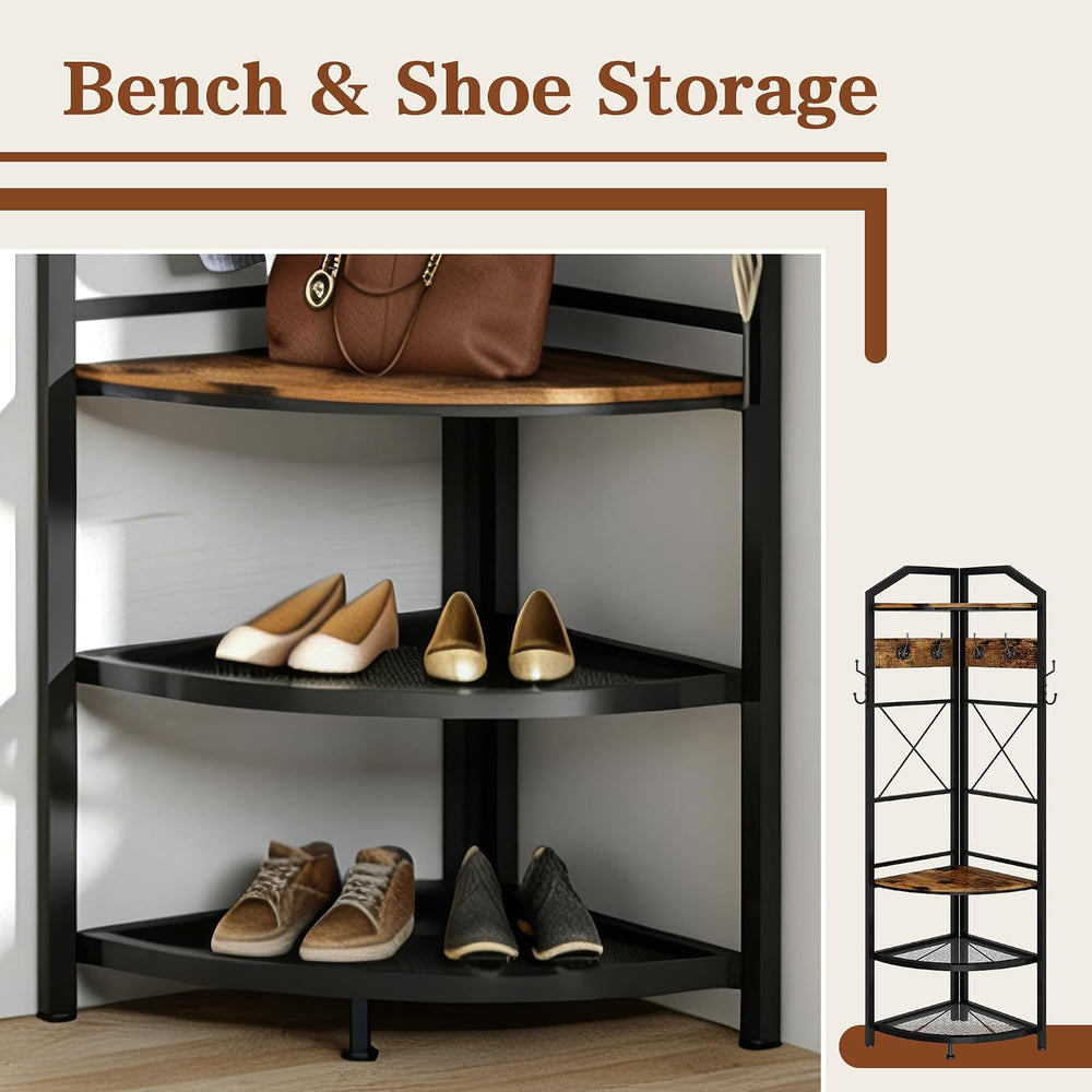 Corner Coat Rack with Storage, Entryway Hall Tree with Shoe Rack and Hooks, F...