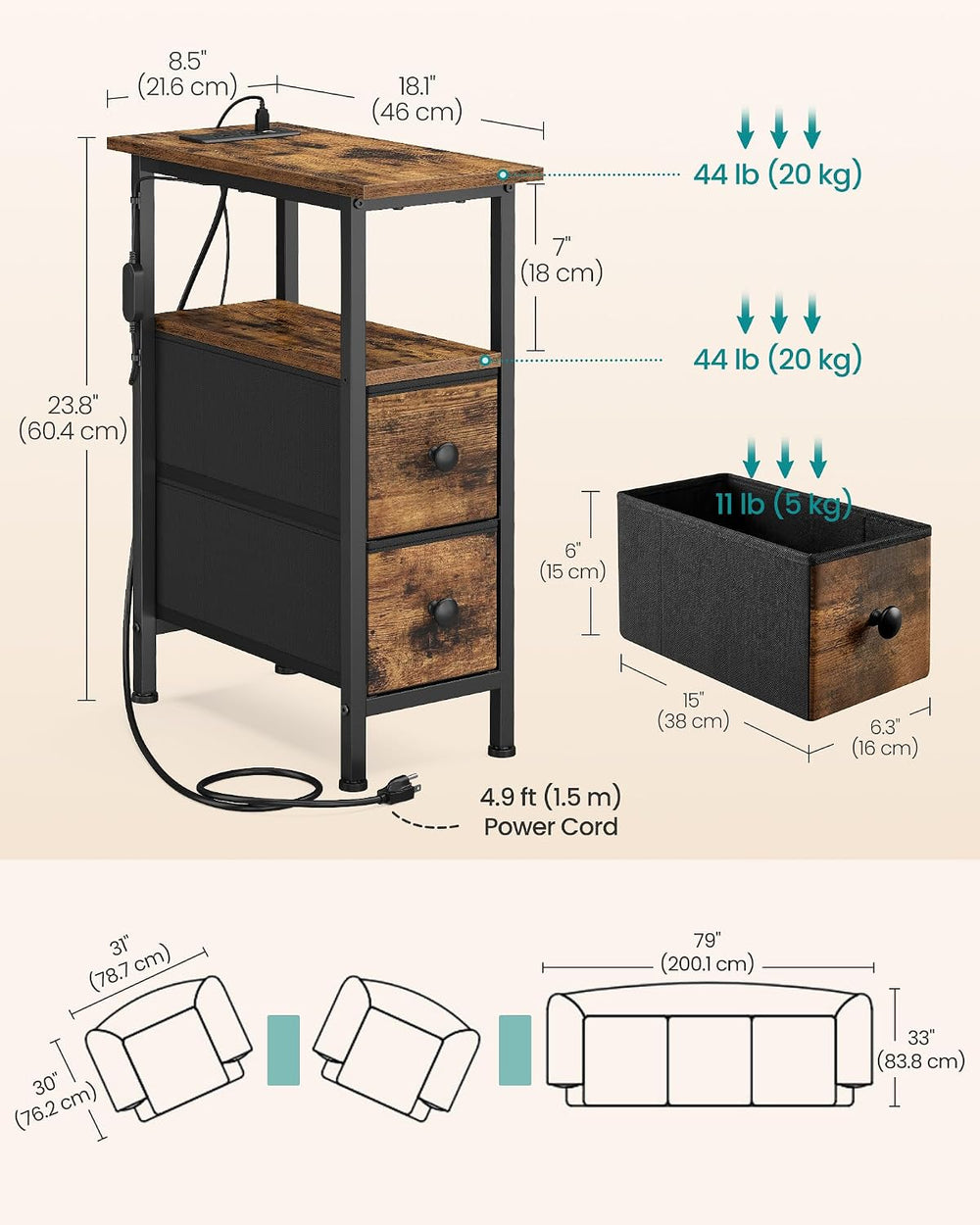 SONGMICS Side Table with LED Light, Narrow End Table with 2 Fabric Drawers