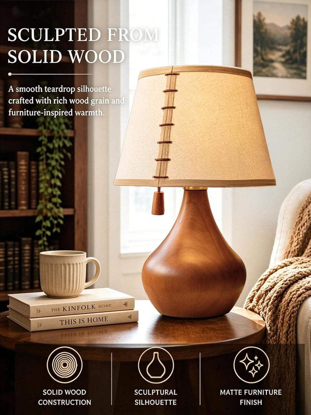 MOFFE Solid Wood Table Lamp for Bedroom with One-Piece Shade