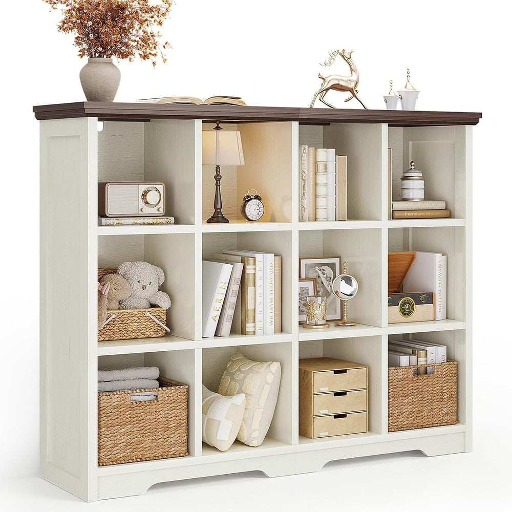 OffiGo 12 Cube Organizer Bookcase, Cube Shelf with Storage, Walnut + White