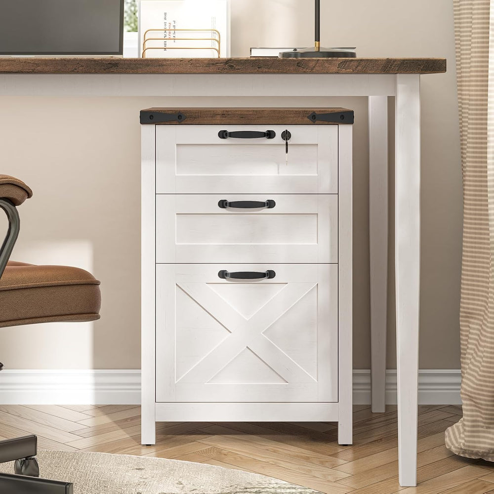 Farmhouse 3 Drawers File Cabinet with Lock for Home Office, Rustic White