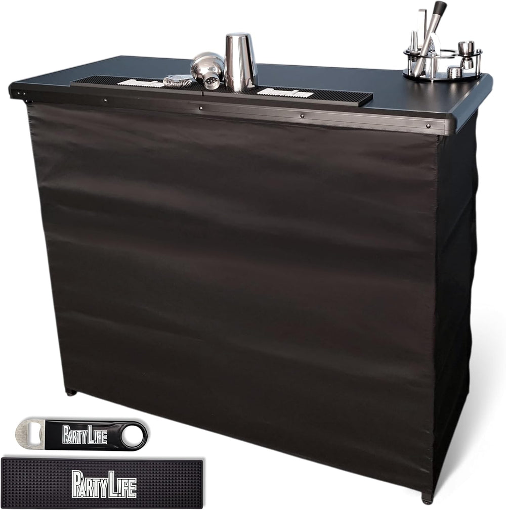 PartyLife 48" Premium Portable Bar Table w/Folding Legs, Black Fabric Ba...