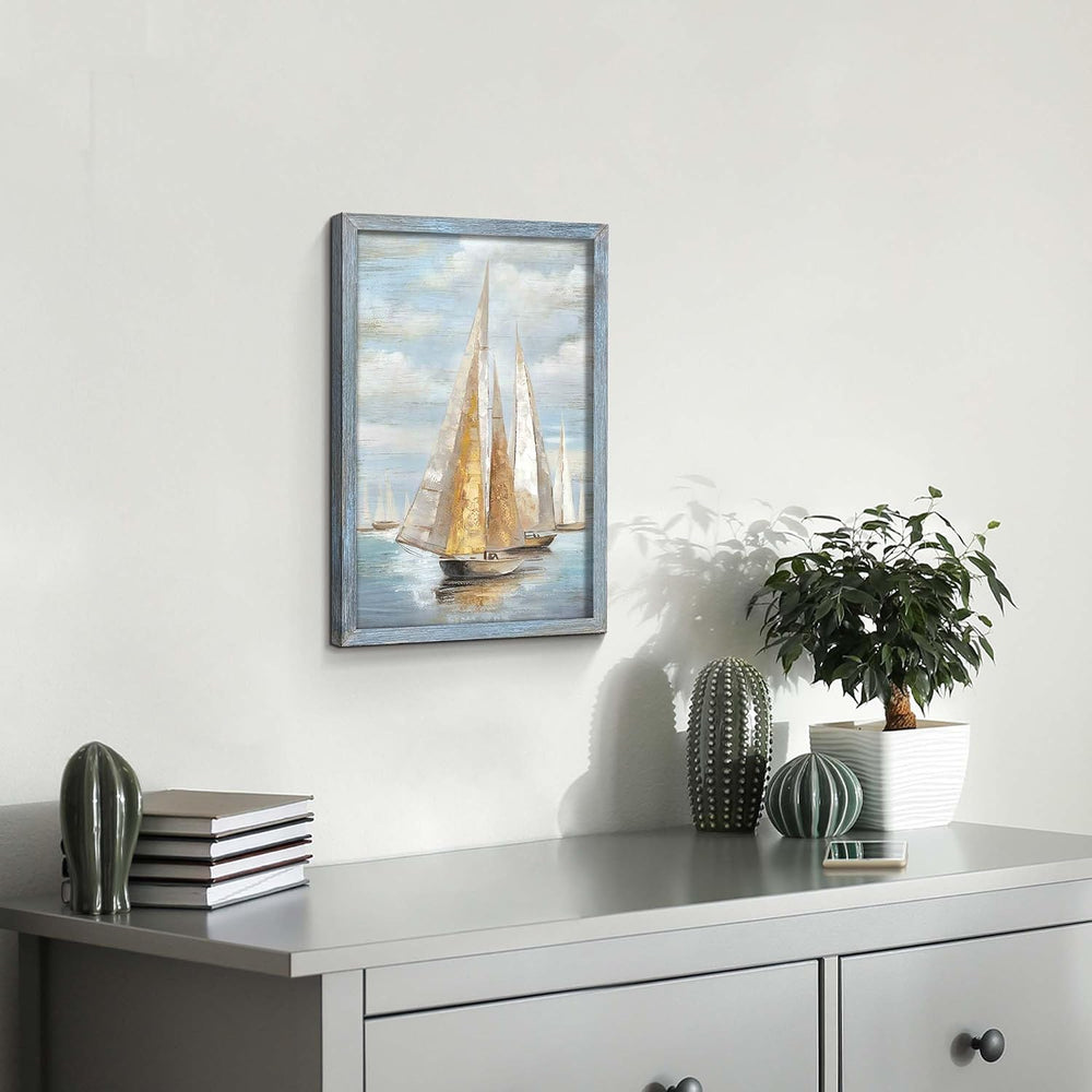 Ocean Sailboat Seascape Wall Art: Rustic Sea Boat Wooden Framed Scenery Paint...