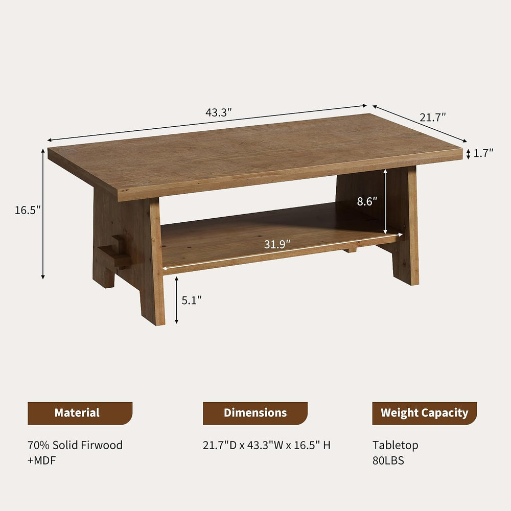 Farmhouse Wood Coffee Table, 43.4" Center Table, Solid Wood Tabletop