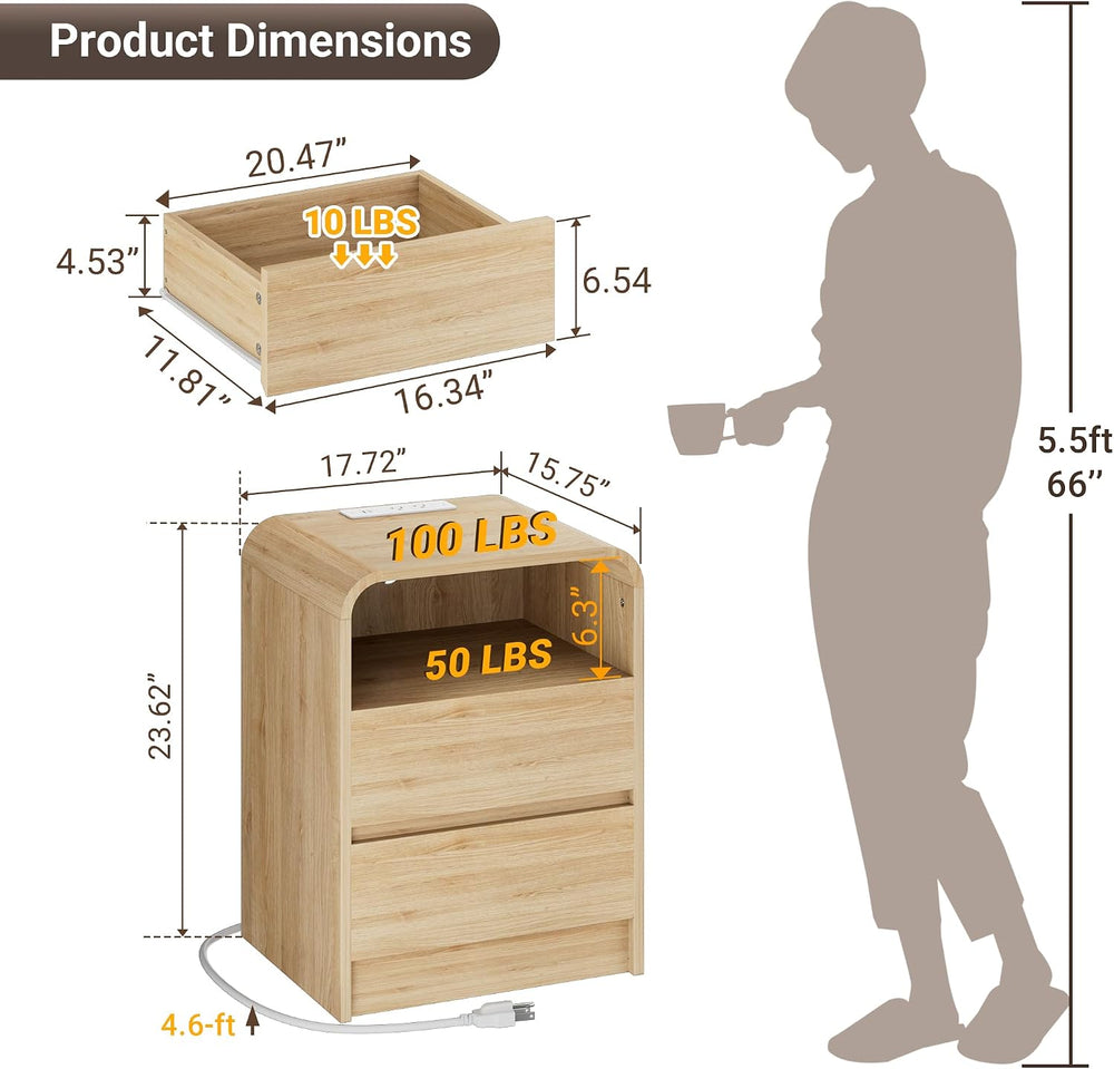 18"W 2 Drawer Nightstands Set of 2 with Charging & RGB LED Light