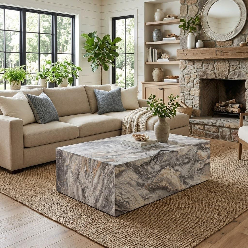 39.3" Faux Marble Coffee Table, Gray Modern Coffee Table, Rectangle