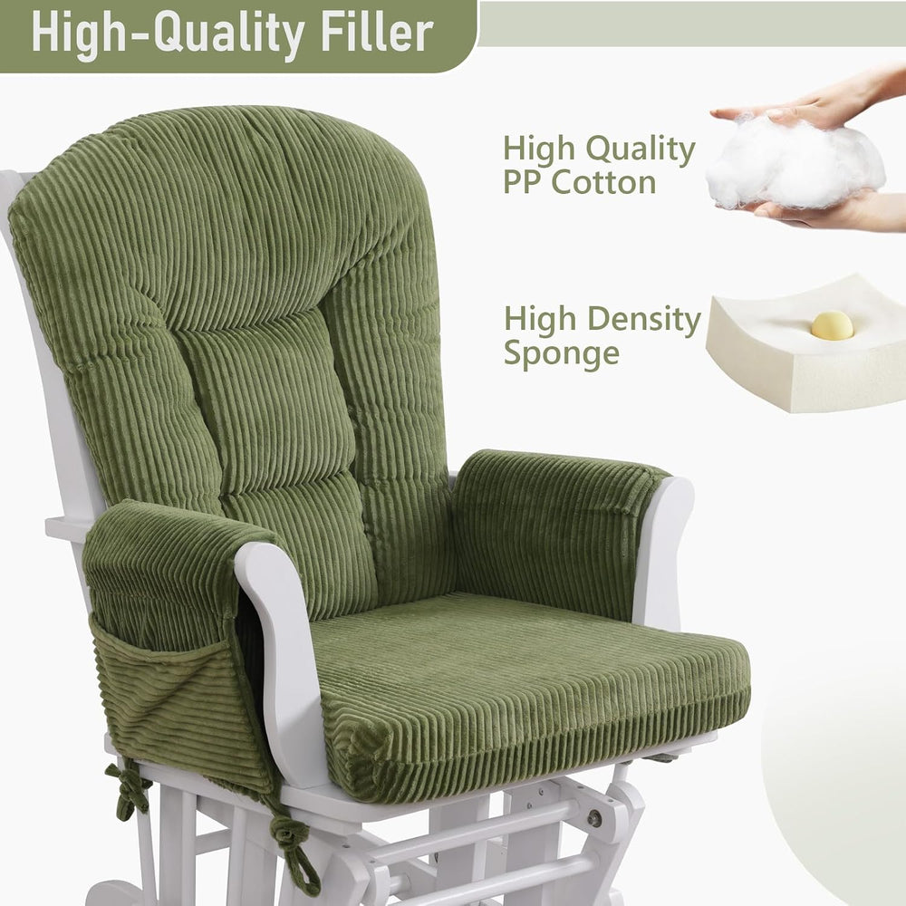 5PCS Glider Rocker Replacement Cushions with Storage Side Pockets, Green