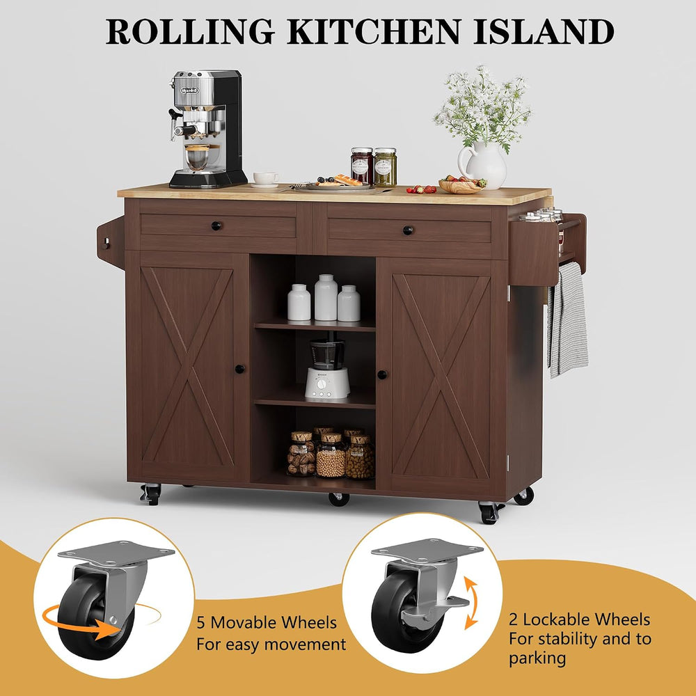 HLR Farmhouse Kitchen Island On Wheels, Brown
