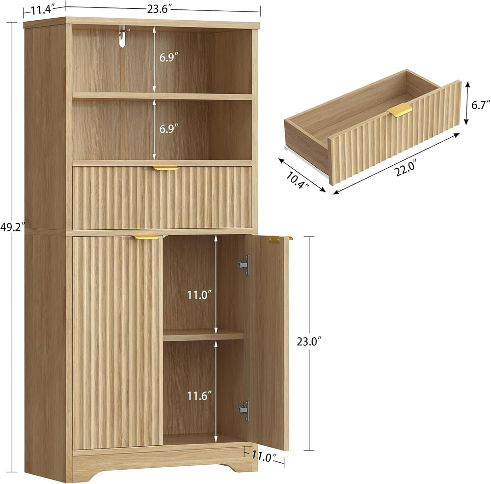 TEENFON Tall Storage Cabinet with Adjustable Shelf & Drawer, Fluted Cabin...