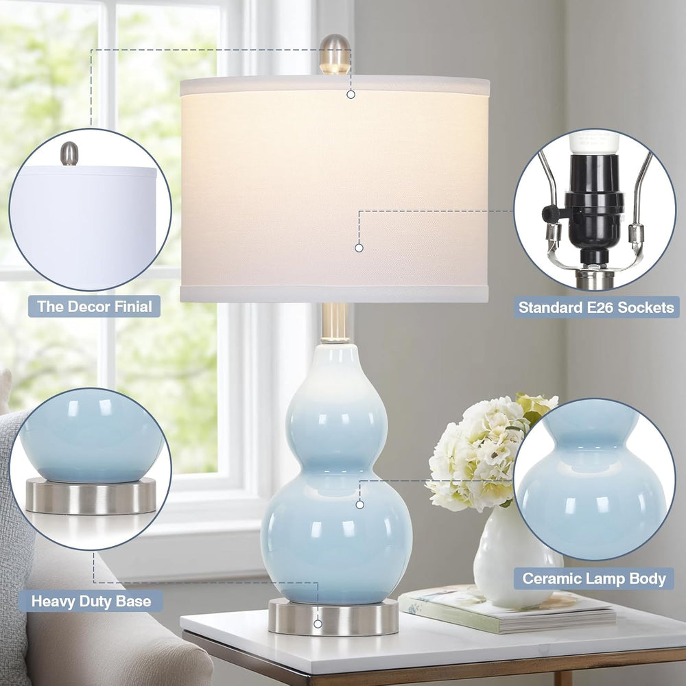 22" Double Gourd Ceramic Table Lamps Set of 2, Blue Modern Bedside Lamps...